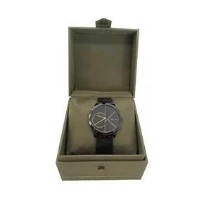 Kotak kemasan jam hijau Linen desain inovatif kotak kosong jam tangan tunggal kustom dengan Logo