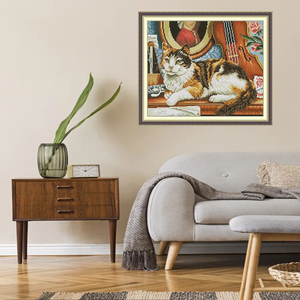 2025 NKF Dieren Kat Gitaar Kruissteekpatroon Eenvoudig Steekpatroon Huisdecoratie/Cadeau/Kunst Borduursets Cartoon DIY - Product Image 1
