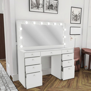 VASAGLE 9 Schubladen Holz Make-up Tisch Weiße Kommode 3-Farben-Lampe Spiegel Waschtisch Schmink tisch mit LED-Spiegel