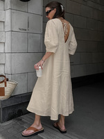 Robe midi décontractée style français, col en V, dos nu, dentelle, boutons, coton et lin, pour le printemps/été 2025