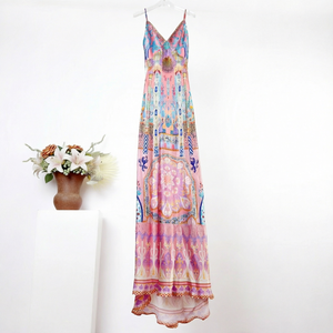 Vestido de Noche Maxi sin Tirantes con Estampado Floral Rosa, Cuello en V, Corte A, Cintura Imperio, Dobladillo con Cuentas, de Seda Antiarrugas, para Fiesta - Product Image 1