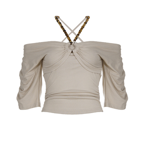 Haut élégant à manches chauve-souris perlées, épaules dénudées et froncé, pour femme - Product Image 6