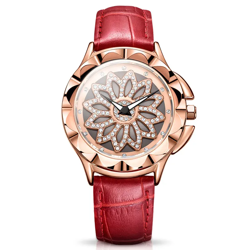 MEGIR 2059 top 10 brands women Flower watch Red Genuine Leather Strap personalized decorations Simple water resistant watch set