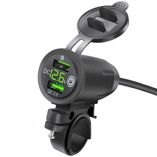 Motorcycle Mobile Phone Charger Handlebar Holder Waterproof Power Adapter Dual QC 3.0 USB Fast Charge with Voltmeter and Switch