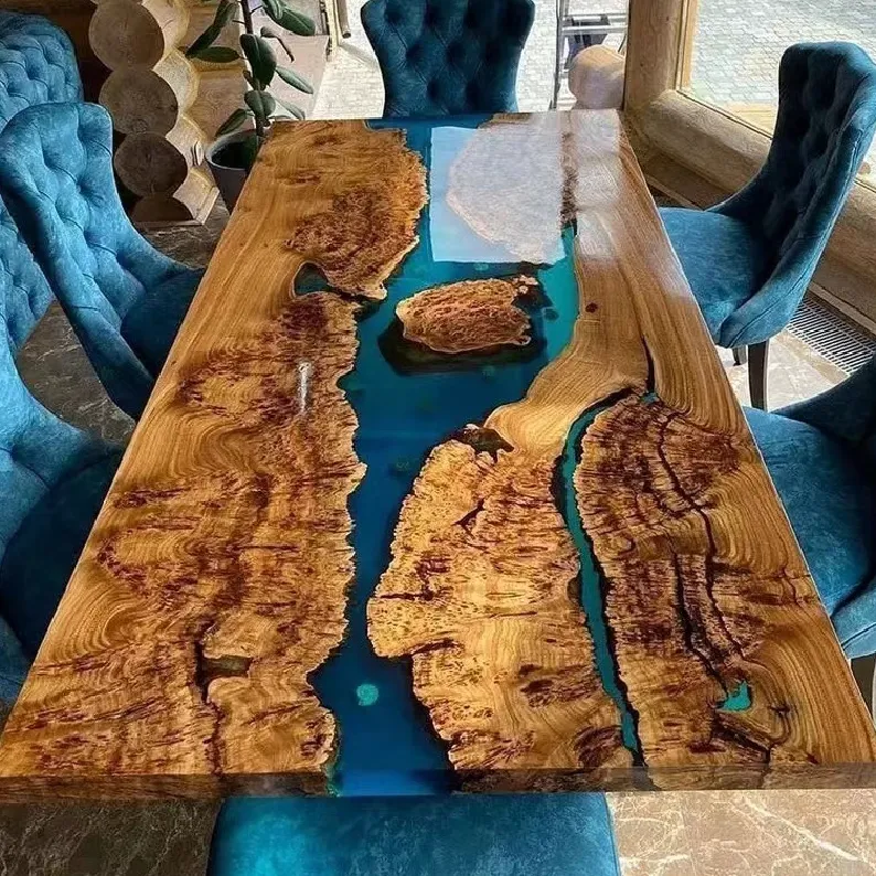 סדיר יוקרה מודרני כחול נהר אגם ים גל עץ אפוקסי שרף אוכל שולחן