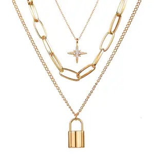 New Creative Retro Simple Star Lock Pendant Thick Chain Three-piece Necklace
