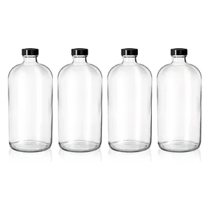 32oz Boston Round Clear Glass Growler bottle with Phenolic Poly Cone Insert Caps Tight Seal for Secondary Kombucha Fermentation