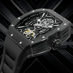 Montre mécanique automatique de luxe pour homme PINDU, cadran squelette, boîtier tonneau, entièrement sertie de diamants, bracelet en silicone, lumineuse - Product Image 6