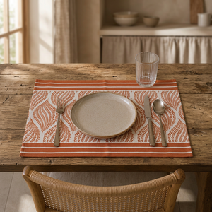 Mantel Individual de Algodón Premium con Estampado de Hojas Naranja Óxido y Borde a Rayas |   Elegante Mantel Individual Estampado para Mesa de Comedor, para el Hogar y Restaurantes - Product Image 2