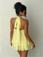 Robe d'été mini respirante en mousseline unie vintage pour femme, avec logo personnalisé OEM&ODM, col halter, taille basse et volants, 100% polyester, idéale pour les vacances