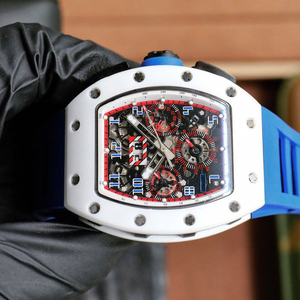 RM011 style White Ceramic Tonneau Flyback Chronograph <b>Watch</b> Men Luxury Skeleton Mechanical <b>Watch</b> With Blue <b>Rubber</b> Strap - Product Image 2