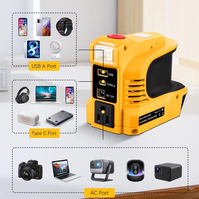 220W Power Battery Adapter for Dewalt 20V DC 20V to AC 110-120V Portable Power Adapter with 2 USB Ports1 Type-C and 1 AC Outlet