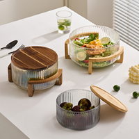Bol à salade en verre côtelé avec support en bois d'acacia et couvercle 1,8L 3L 4,3L, bol à fruits cannelé sans plomb avec support surélevé