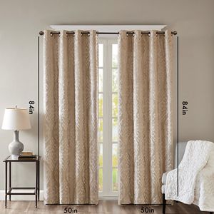Paire de rideaux jacquard damassé tricotés à œillets intégraux et 2 cantonnières de fenêtre, couleur noire - Product Image 2