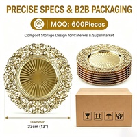 Assiettes de présentation réutilisables en plastique de 13 pouces, finition brillante, bord floral, luxe, dorées, pour décoration de mariage, jetables