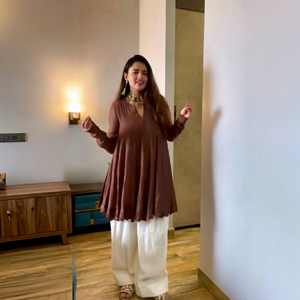 Kurta Túnica Marrón de Manga Larga, Corte Holgado, Largo Midi, Algodón, Ropa Casual Tradicional para Mujer, Estilo India Pakistán - Product Image 1