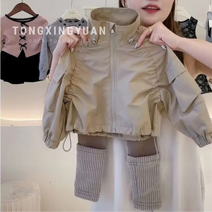 Child Star Won Korean Girls' Khaki Jacket Leggings Set Solid Color Cotton Soft Shell Spring Autumn Outfit - Product Image 2