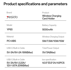 <span class=keywords><strong>Yesido</strong></span> 5000mAh 20W Función de posicionamiento de carga rápida Portatarjetas de carga inalámbrica ultradelgada Banco de energía YP93 - Product Image 5