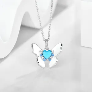 Adjustable Sterling Silver 925 Aquamarine Animal Butterfly Necklace Blue Heart Cubic Zirconia Butterfly Pendant Necklace