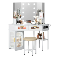 Ensemble de coiffeuse d'angle avec miroir éclairé, station de charge, étagères de rangement et commode pour chambre à coucher
