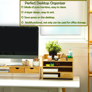 Organisateur de bureau multifonctionnel en bambou avec quatre niveaux et tiroir pour classement et rangement de stylos et fournitures de bureau - Product Image 2