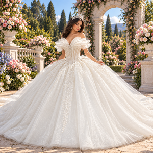 Dy1599 Superbe Robe de Mariée Structurée Plissée à Épaules Dénudées, Bustier Corset, Traîne Cathédrale, 100% Coton, pour Cérémonie et Fête - Product Image 1
