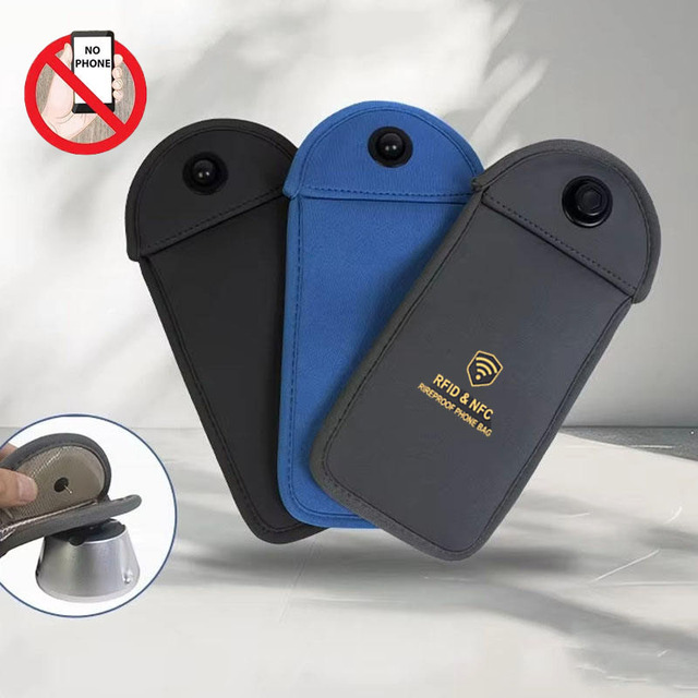 Custom Neoprene Faraday Phone Pouch Signal Shielding Lightweight Lockable Button Closure Simple Design for High School Students