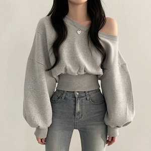 Korean Style Women's Off Shoulder <b>Top</b> - Solid Color Loose Fit Long Sleeve T-Shirt, Elegant and Chic - Product Image 5