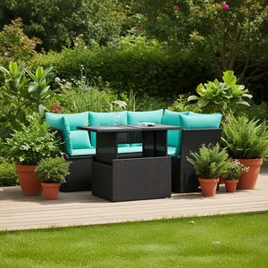 Set Divano da Giardino in Polyrattan Nero a 5 Pezzi con Cuscini, Arredamento da Esterno dal Design Contemporaneo per Giardino - Product Image 3