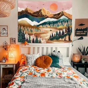 Art mural décoratif intérieur bohème écologique, motif abstrait de montagne au coucher du soleil sur un arbre de forêt naturelle - Product Image 3