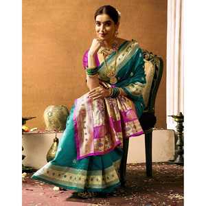 Sari Paithani de Seda Tejida Verde Azulado, Estilo Tradicional Indio y Pakistaní para Niñas, para Bodas, Fiestas y Vestimenta Étnica - Product Image 6