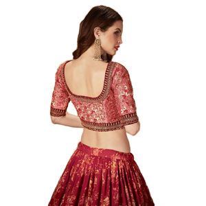 Impresionante blusa Lehenga Choli de seda Organza con estampado floral granate para bodas - Product Image 1
