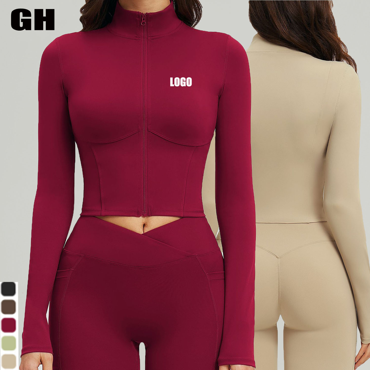 GH Stand Collar Breathable Lightweight Women Coat Long Sleeve Full Zip Yoga Top Fitness Work Out Slim Fit Gym Jacket for Women