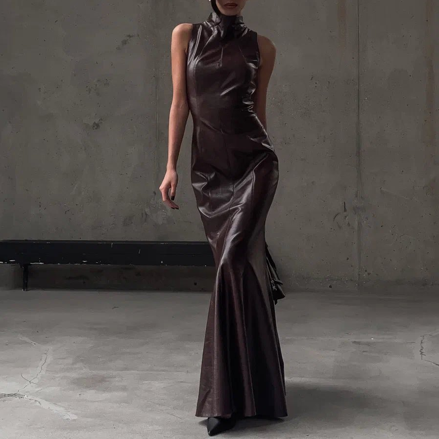 Long Leather Dress - Sexy High Collar Bodycon Style