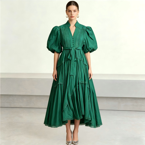 Robe midi élégante vert émeraude à manches bouffantes avec dentelle et ceinture, style bohème décontracté pour femme, idéale pour les fêtes, ODM - Product Image 1
