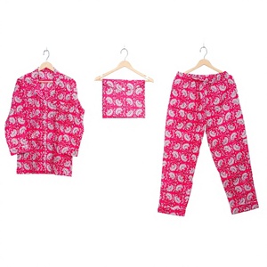 Women's 3-Piece 100%Cotton Pajama Set Pink Paisley Print Long Sleeve Top <b>Pants</b> With Elastic Waist Soft Casual Sleepwear Suit - Product Image 1