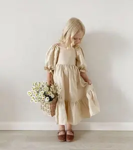 Custom Adorável Verão Crianças Meninas Primavera Bebê Vestuário Algodão Linho Vintage Baby Girl Outwear Vestido