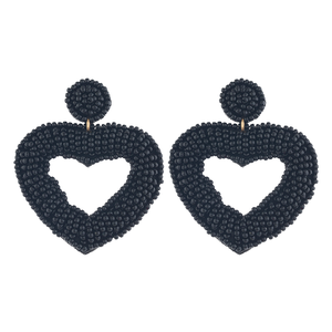 Boucles d'oreilles pendantes en forme de cœur faites à la main avec perles noires, unisexes, tendance, pour les soirées - Product Image 1