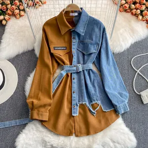 spring summer fashion designer women graphic shirts patchwork casual one piece clothes long sleeve denim clothing lady Blouses
