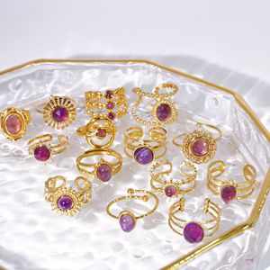 Anillos de acero inoxidable, joyería para mujer, chapado en oro de 18K, resistente al agua, sin deslustre, abierto, ajustable, piedra Natural, anillo de amatista curativo - Product Image 3