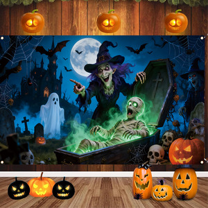 Striscione Happy Halloween, Sfondo per Foto con Zucca Notturna, Fantasma, Castello, Tombe, Decorazione 2D da Appendere per Feste, Giardino, Cortile, Casa, Club - Product Image 5
