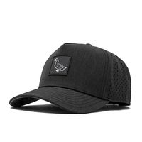Casquette de baseball 5 panneaux personnalisée OEM ODM, imperméable, en tissu Dobby, perforée au laser, avec boucle en cuivre doré et patch en caoutchouc