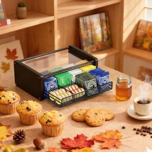 Estante de almacenamiento de cápsulas de café y bolsitas de té de madera, organizador de escritorio de doble capa con compartimentos para uso en la cocina - Product Image 1