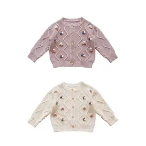Dropshipping 41035A Sweater untuk Anak Perempuan Kardigan Buatan Tangan Sweater Desain Pompom Butik Pakaian Anak-anak
