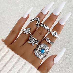 2026 7pcs Vintage Finger Jewelry Kit Women Face Crown Tiara Wing Turquoise <b>Ring</b> <b>Set</b> - Product Image 1