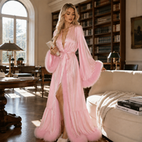 Nouvelle Robe de Chambre Longue en Satin Bordeaux de Luxe pour Femme, Kimono Peignoir avec Bordure en Plumes Noires, Tenue de Nuit Élégante et Robe de Détente