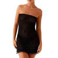 Robe sexy en tricot transparente sans manches, robe de plage sans bretelles, mini-robe à franges de perles