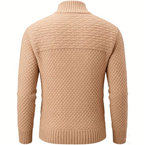 Suéter Masculino de Tricô Texturizado com Zíper Frontal e Gola Alta, Manga Longa, Casual e Quente, Cor Bege, para Outono - Product Image 3