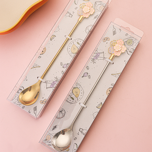 Juego de cucharas chapadas en oro y tenedor, caja de regalo de acero inoxidable 304, exquisita cuchara de café con mango largo, flor de cerezo, Star Des - Product Image 4