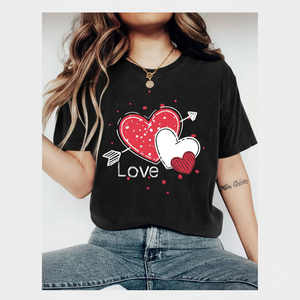 T-Shirt da Donna per San Valentino, Stampa Cuore Nero e Rosso, Collo Tondo, Casual, Leggera, Traspirante, in Cotone, Manica Corta, Primavera Estate - Product Image 1